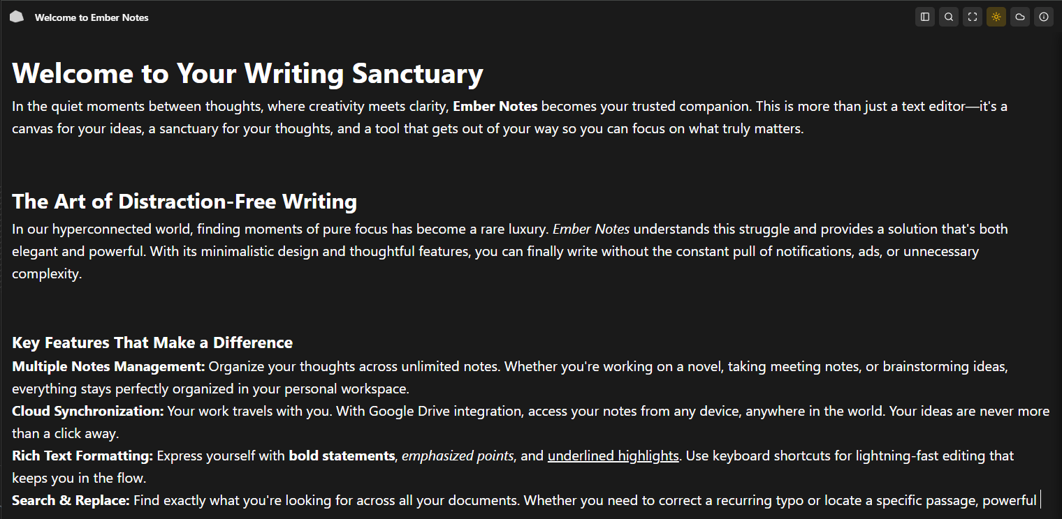Ember Notes Dark Mode Interface
